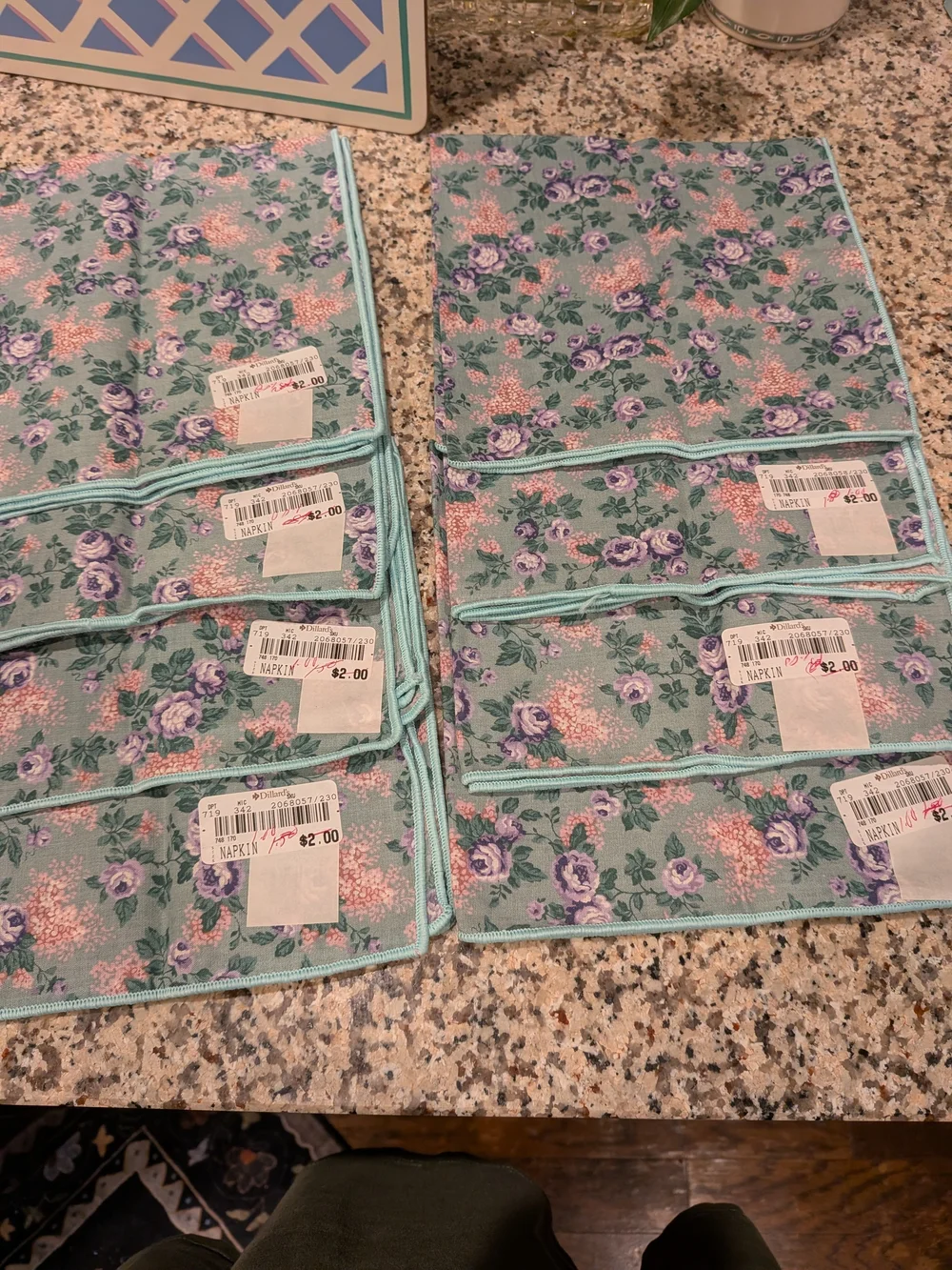 Vintage NOS Dillards Floral Mint Fabric Party Napkins - Set of 8